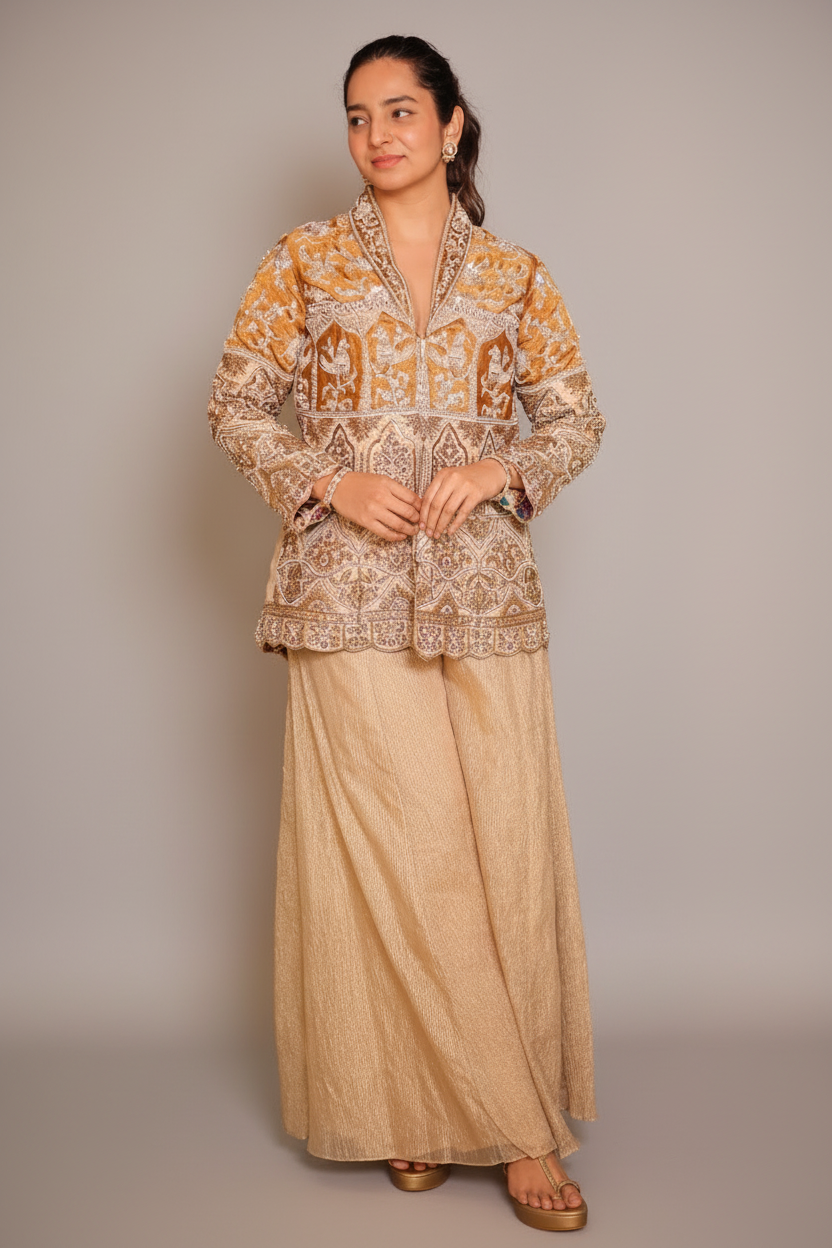 Golden Sequin Beaded Designer Indo Western Set - gold saree