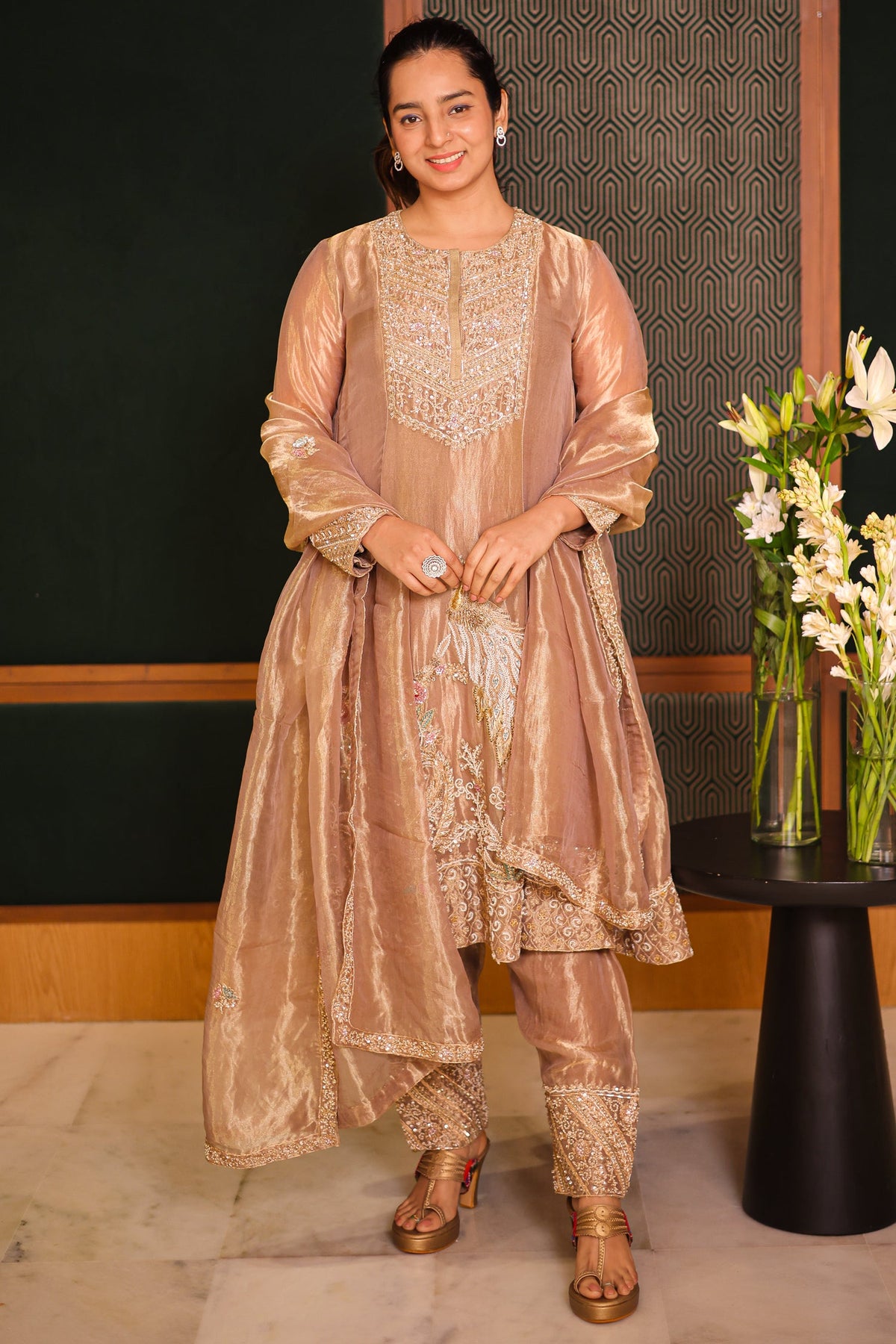 Golden Tissue Silk Beaded and Zardosi Worked Suit - gold silk saree