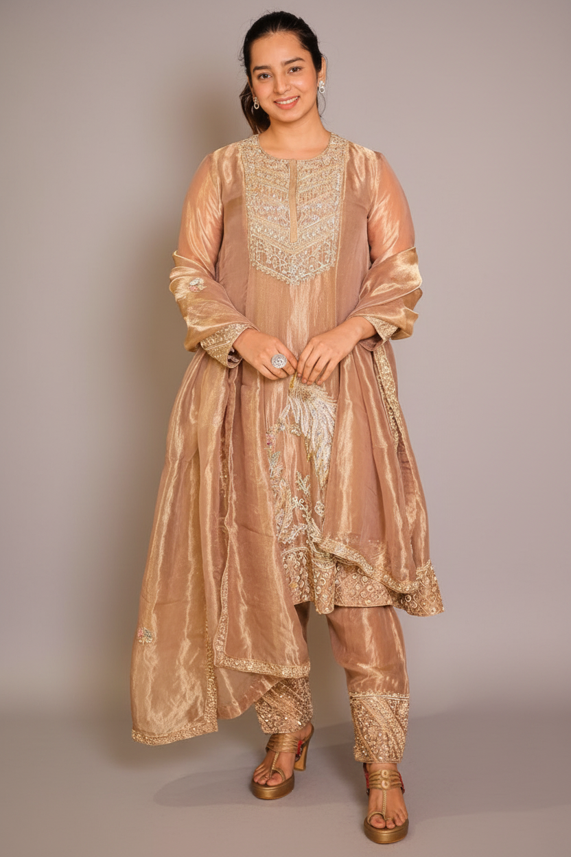 Golden Tissue Silk Beaded and Zardosi Worked Suit - gold silk saree