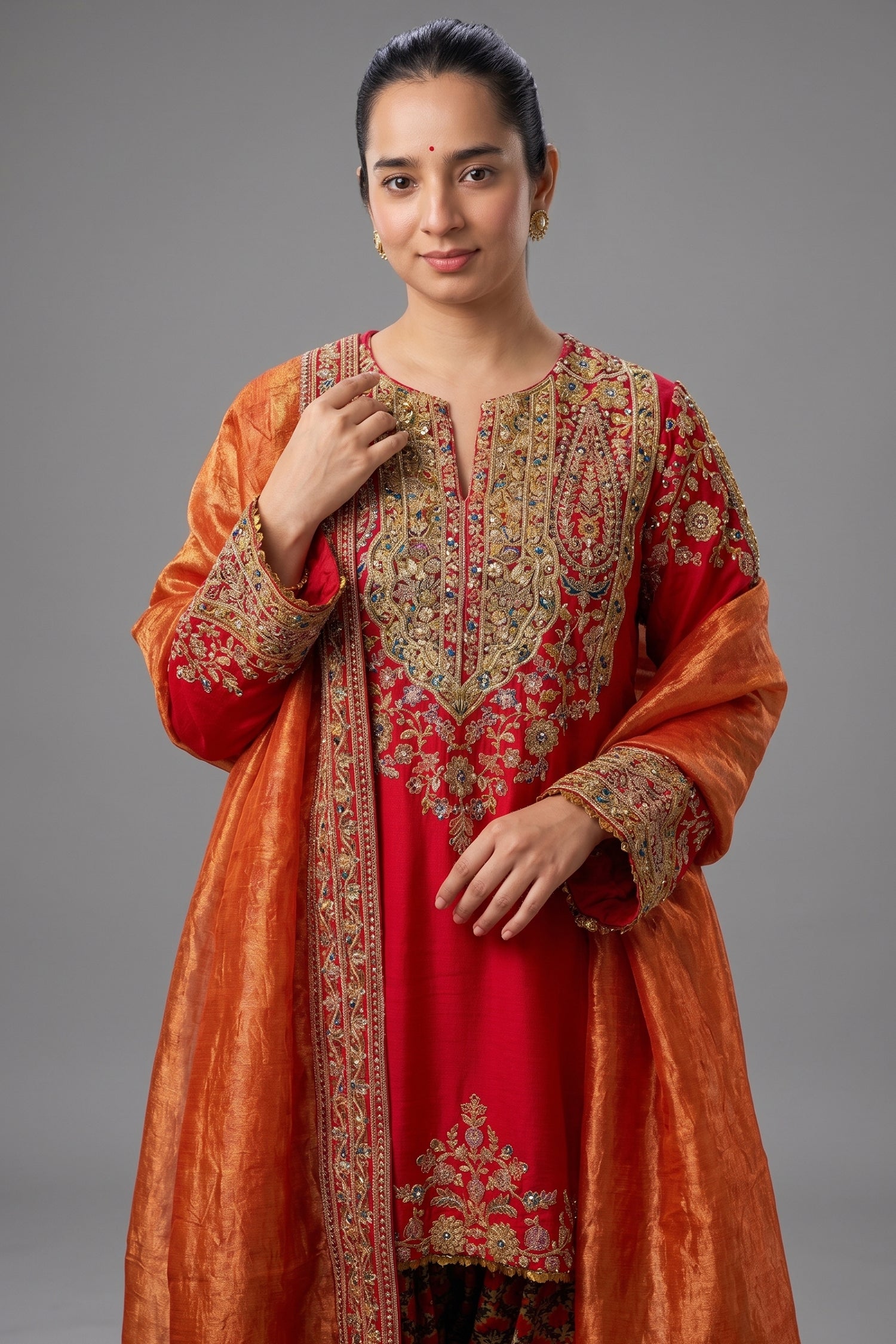 Red Matka Silk Zardosi and Sequinned Worked Suit Secondary image