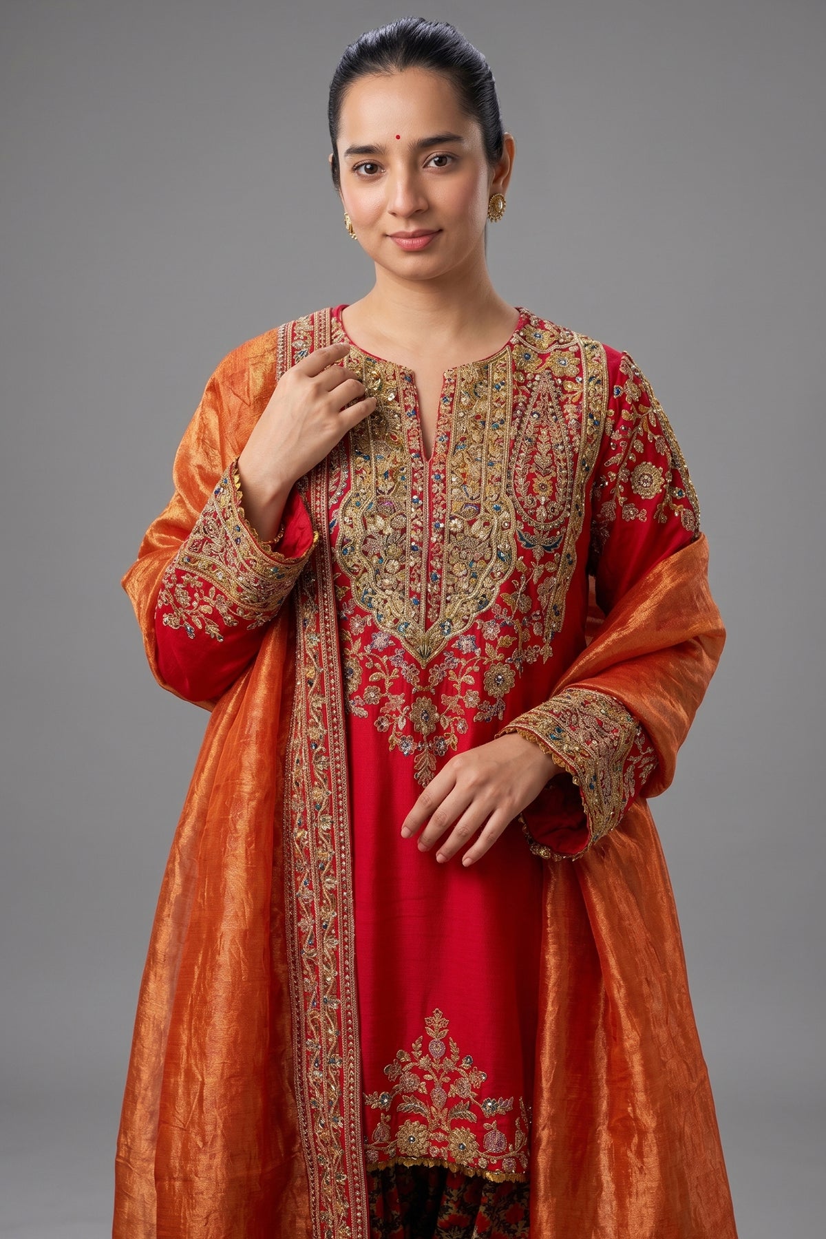 Red Matka Silk Zardosi and Sequinned Worked Suit - red silk saree
