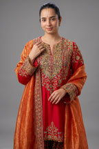 Red Matka Silk Zardosi and Sequinned Worked Suit - red silk saree