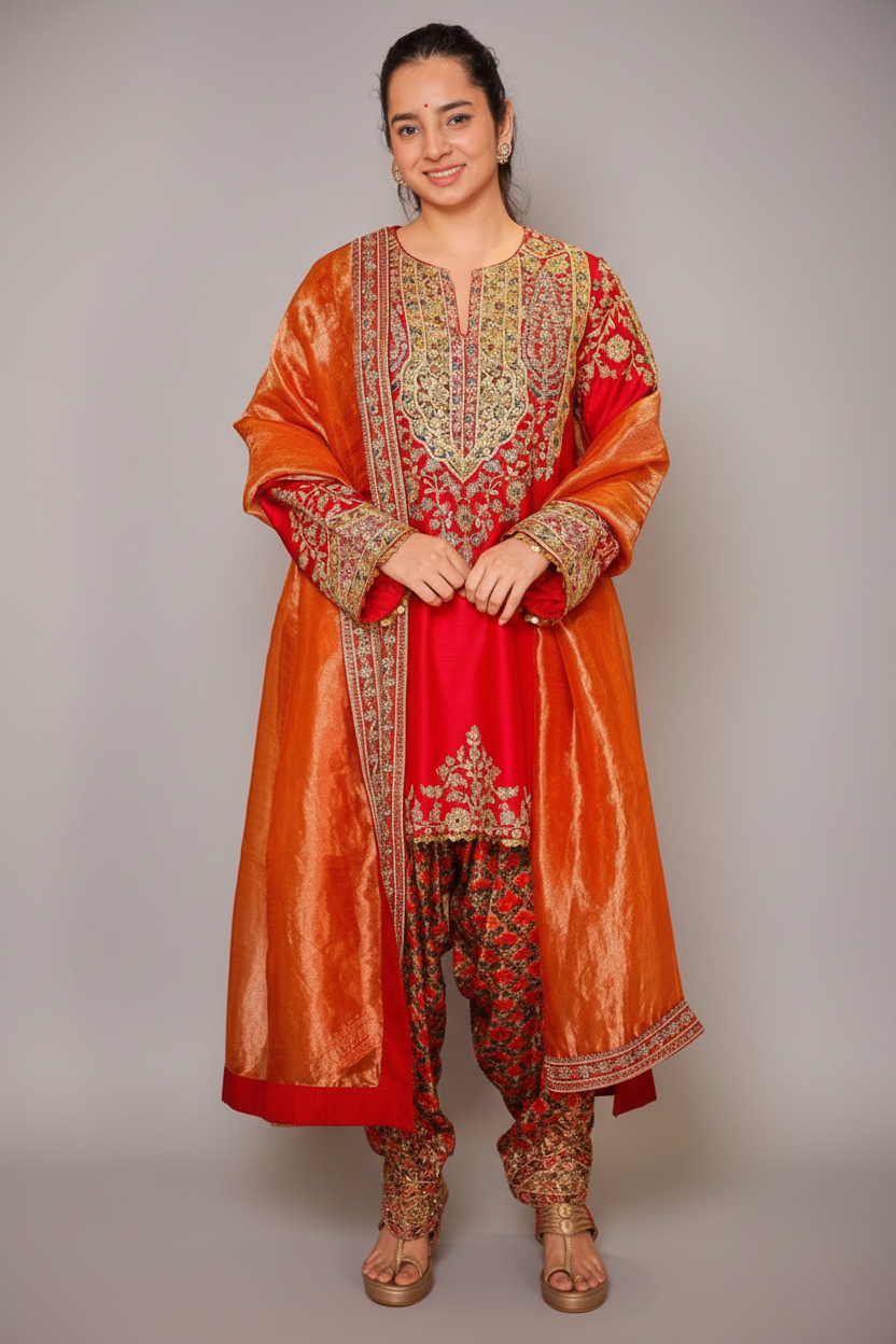 Red Matka Silk Zardosi and Sequinned Worked Suit - red silk saree