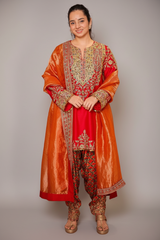 Red Matka Silk Zardosi and Sequinned Worked Suit