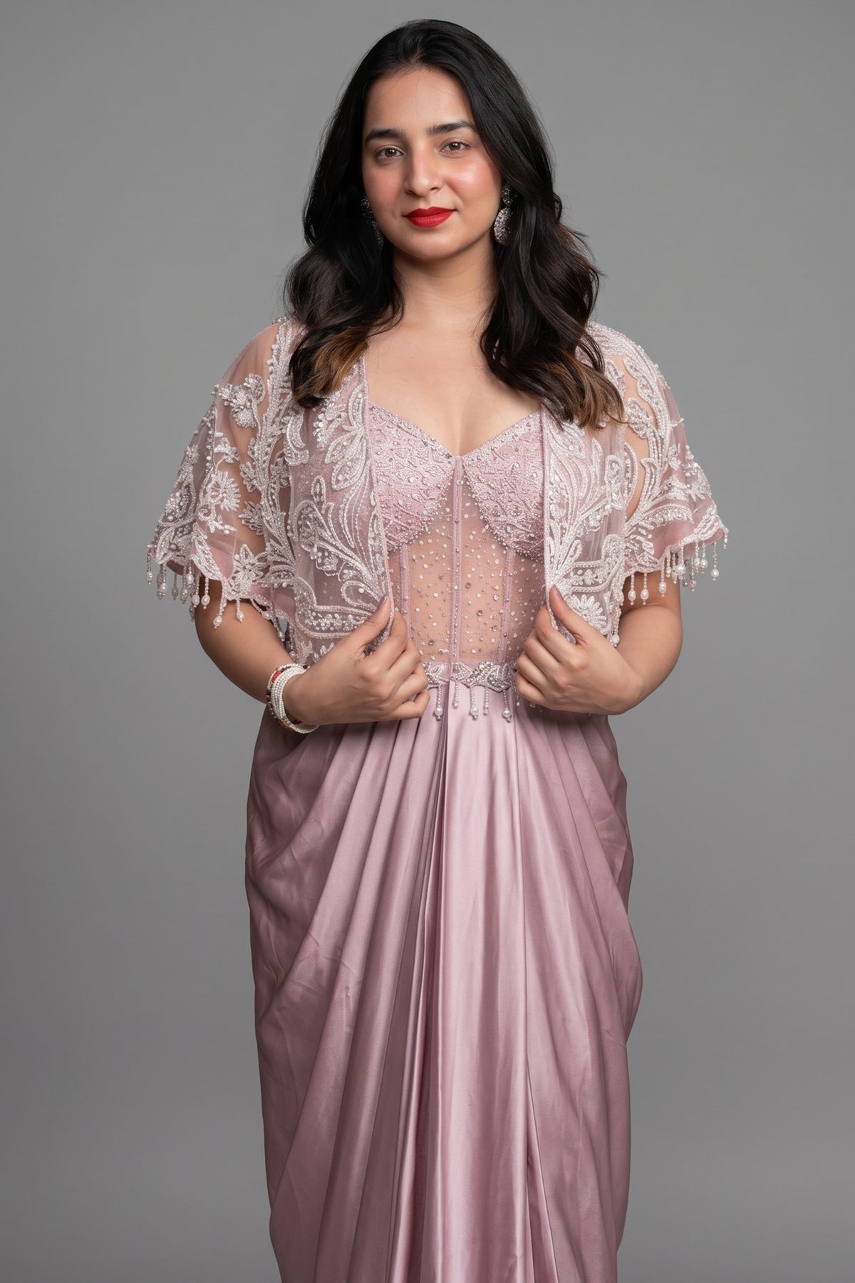 Light Pink Satin Net Beaded Draped Fancy Corset Dress with Cape Jacket - pink satin saree