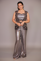 Silver Net Sequinned Indo Western Set - silver net saree