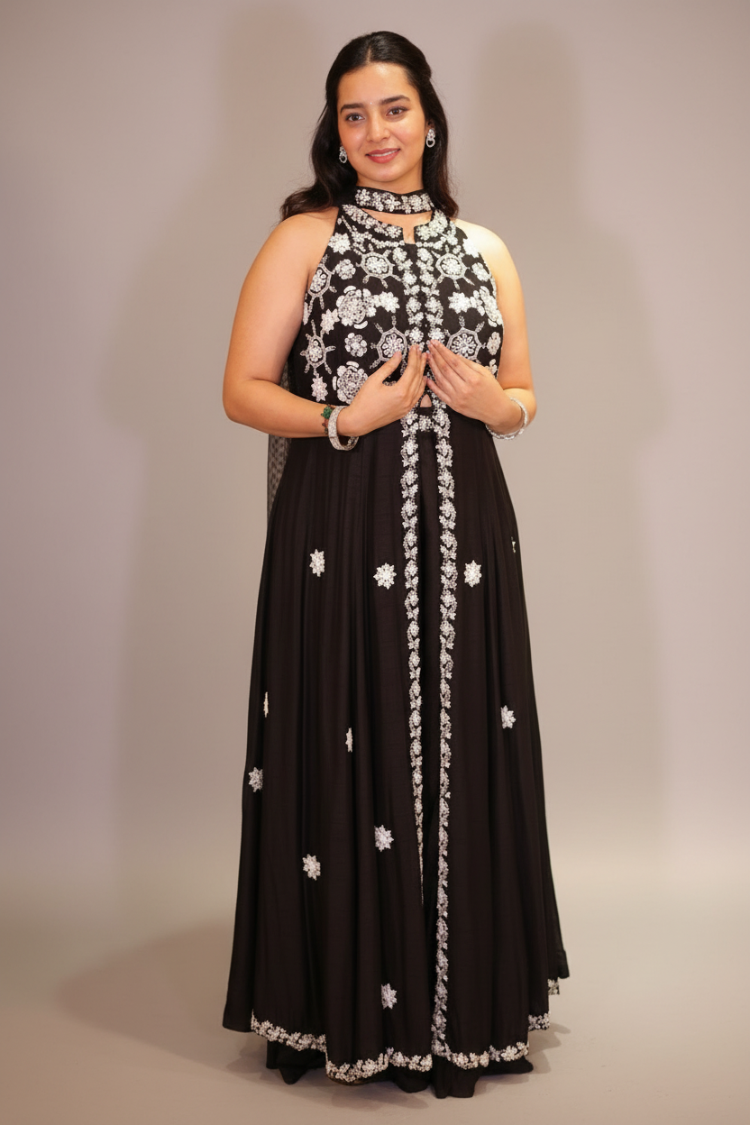 Black Raw Silk Beaded and Mirror Worked Slit Cut Palazzo Suit - black silk saree Main image