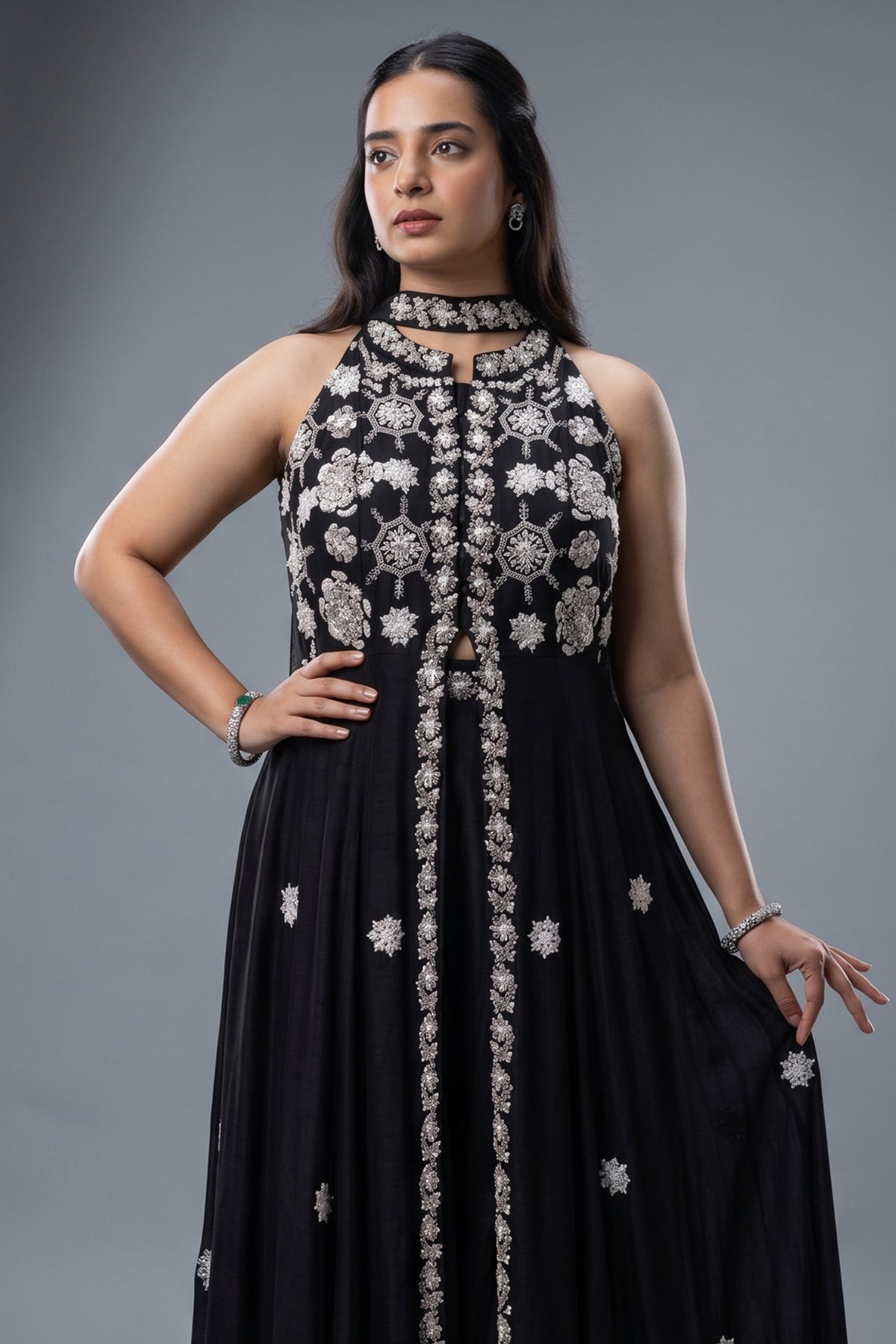 Black Raw Silk Beaded and Mirror Worked Slit Cut Palazzo Suit - black silk saree
