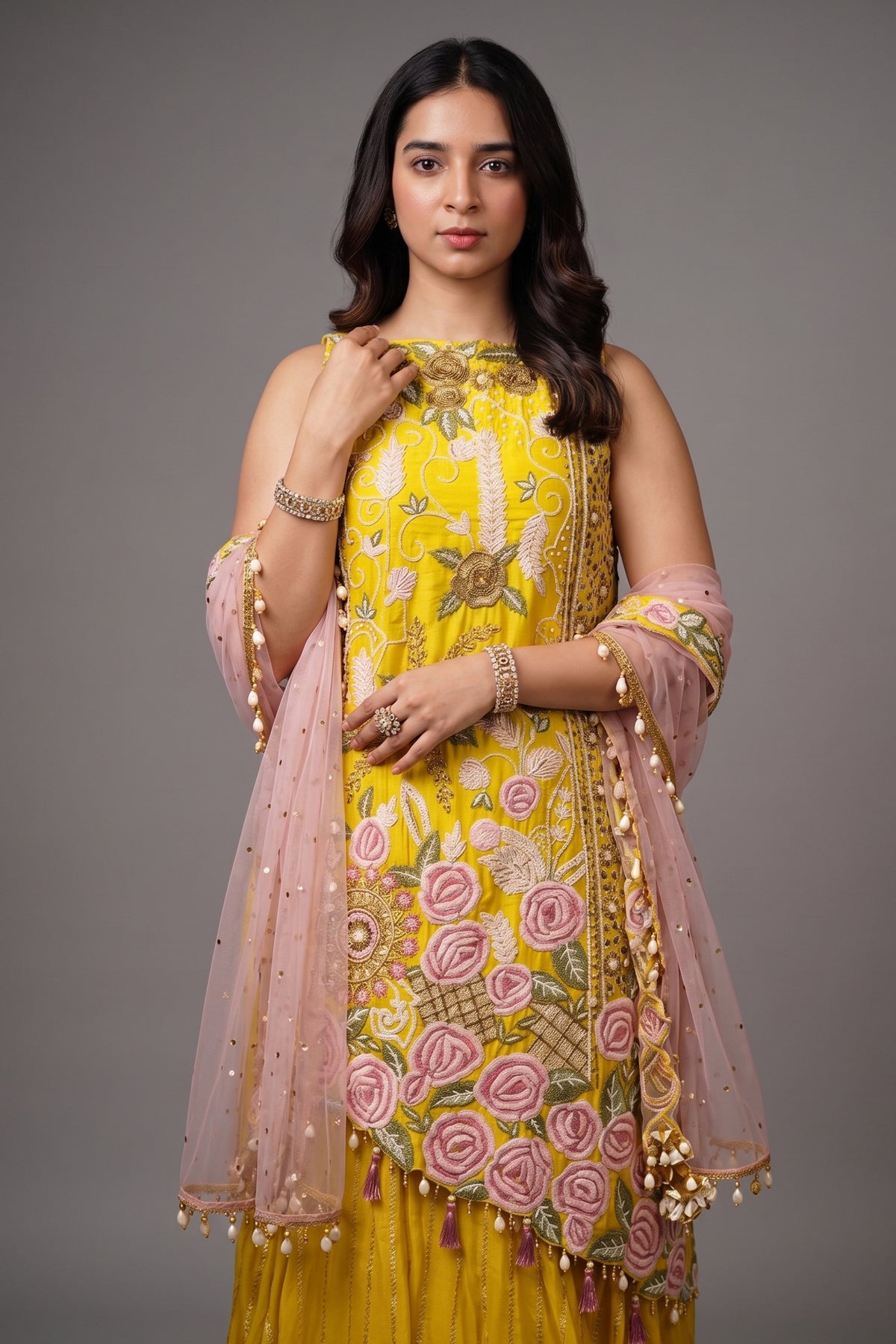 Yellow Raw Silk Asymmetric Floral Embroidered and Bead Worked Palazzo Suit - red silk saree embroidered