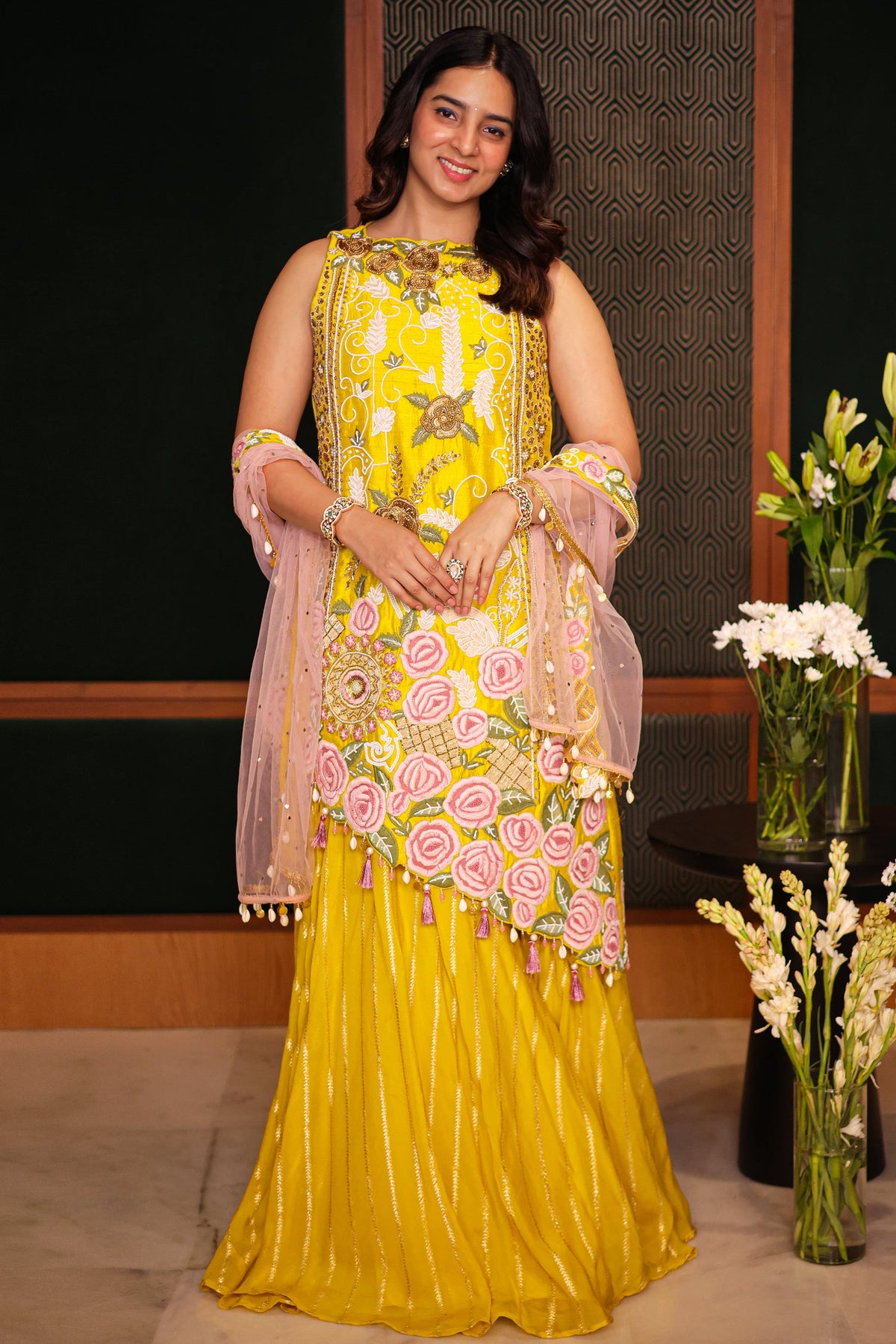 Yellow Raw Silk Asymmetric Floral Embroidered and Bead Worked Palazzo Suit - red silk saree embroidered