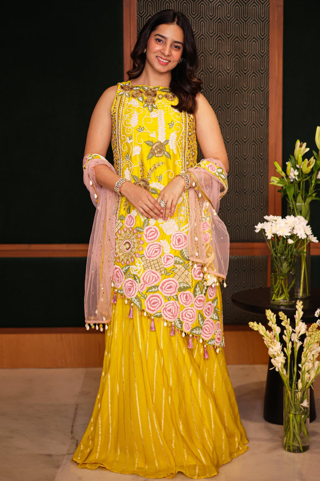 Yellow Raw Silk Asymmetric Floral Embroidered and Bead Worked Palazzo Suit - red silk saree embroidered