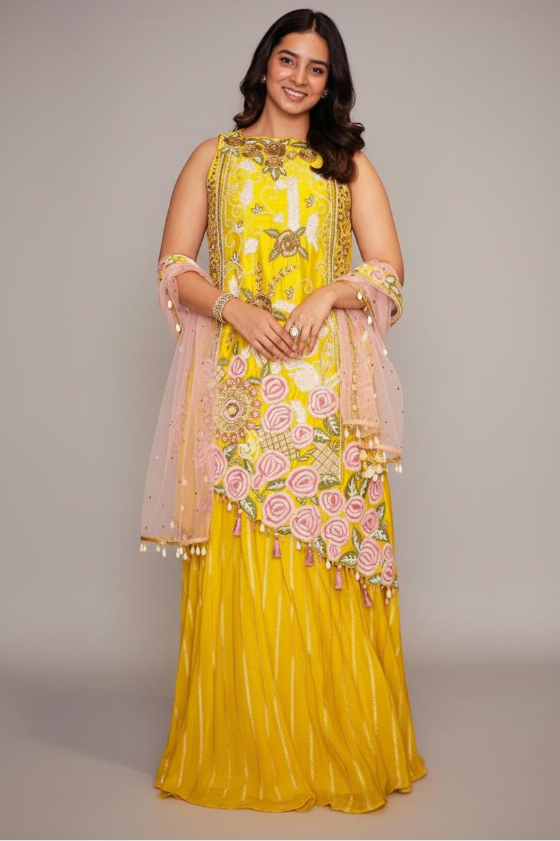 Yellow Raw Silk Asymmetric Floral Embroidered and Bead Worked Palazzo Suit - red silk saree embroidered