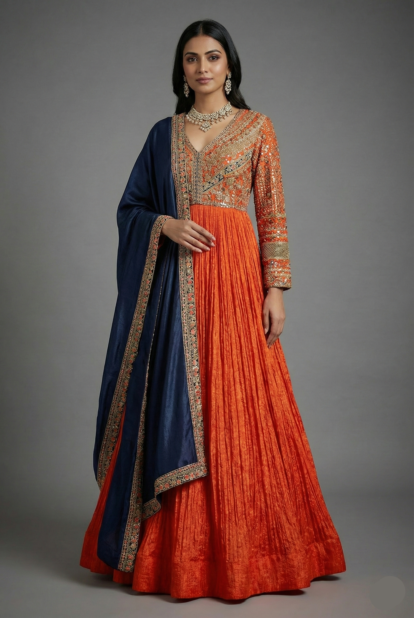 Rust Orange Tissue Crush Printed and Sequinned Work Bodice Anarkali Suit - orange saree Main image