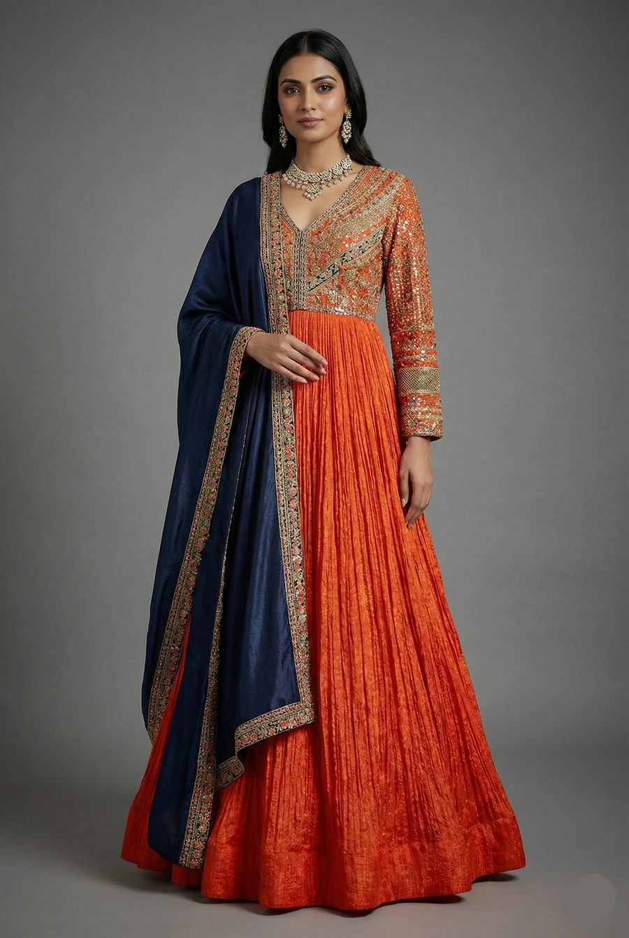 Rust Orange Tissue Crush Printed and Sequinned Work Bodice Anarkali Suit