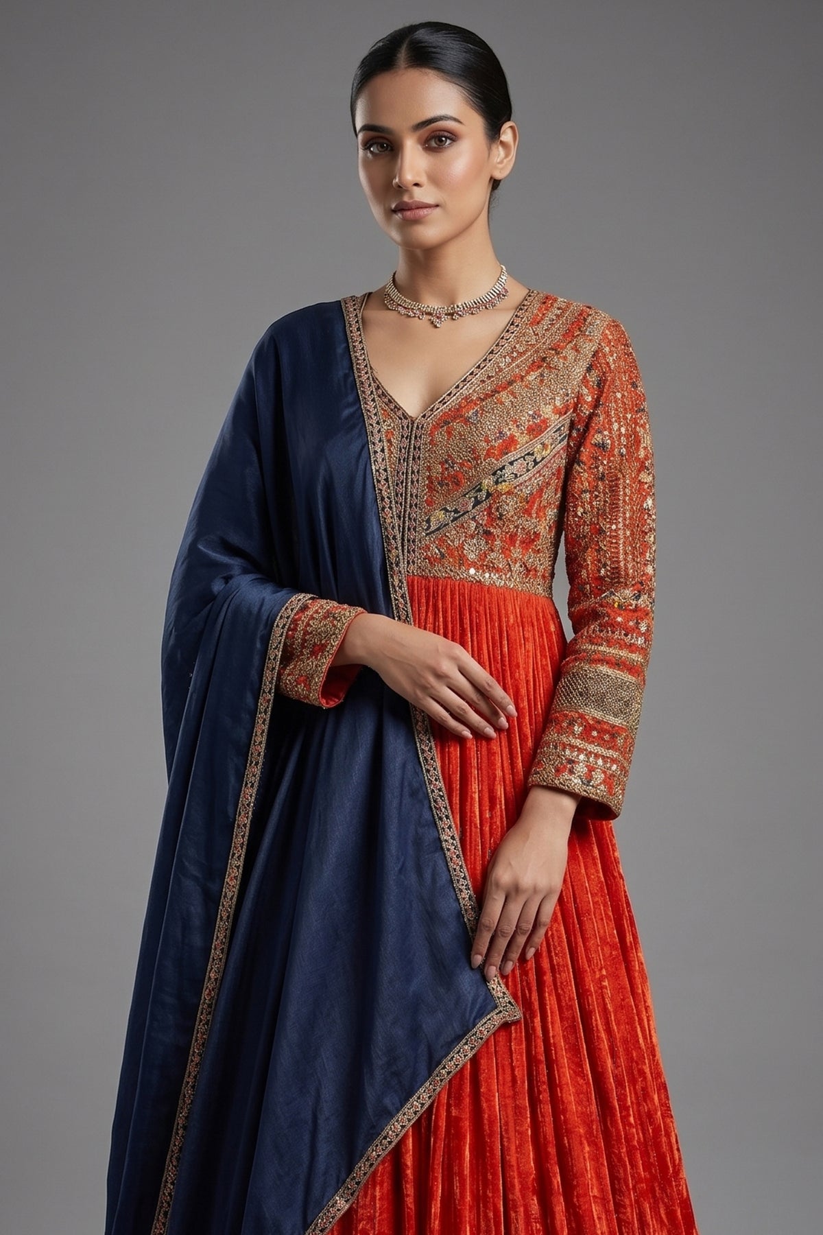Rust Orange Tissue Crush Printed and Sequinned Work Bodice Anarkali Suit - orange saree