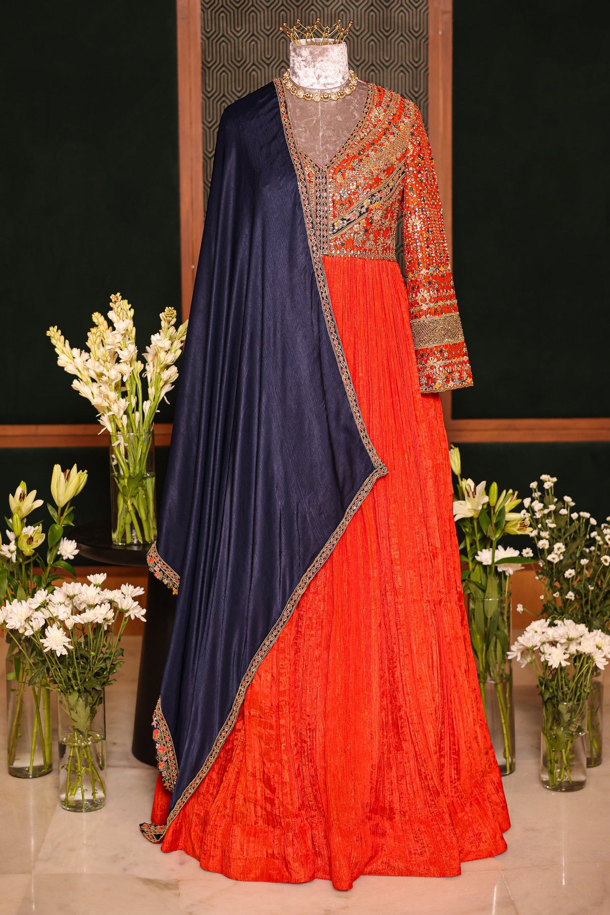 Rust Orange Tissue Crush Printed and Sequinned Work Bodice Anarkali Suit - orange saree