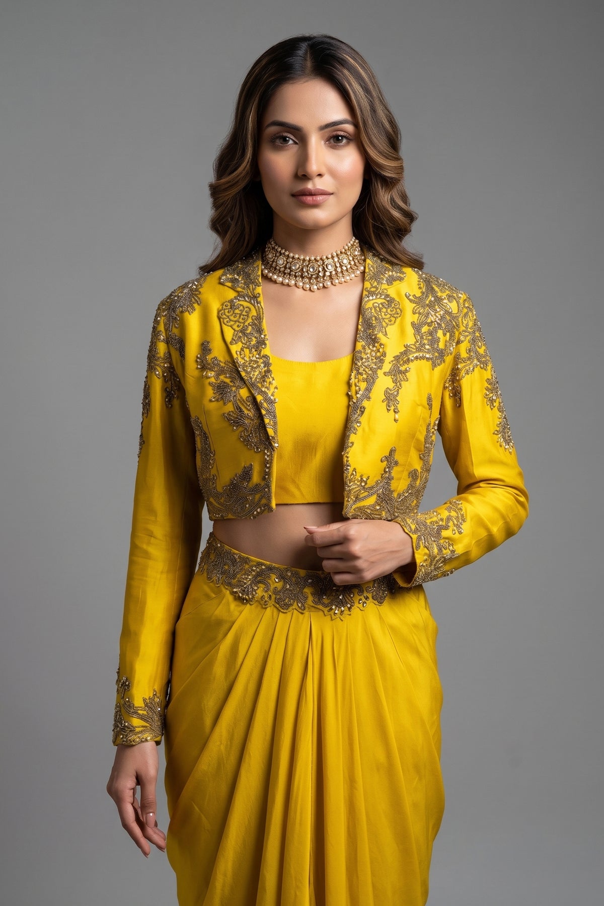 Yellow Organza Beaded Crop Top Skirt Set with Full Sleeved Short Jacket - yellow organza saree