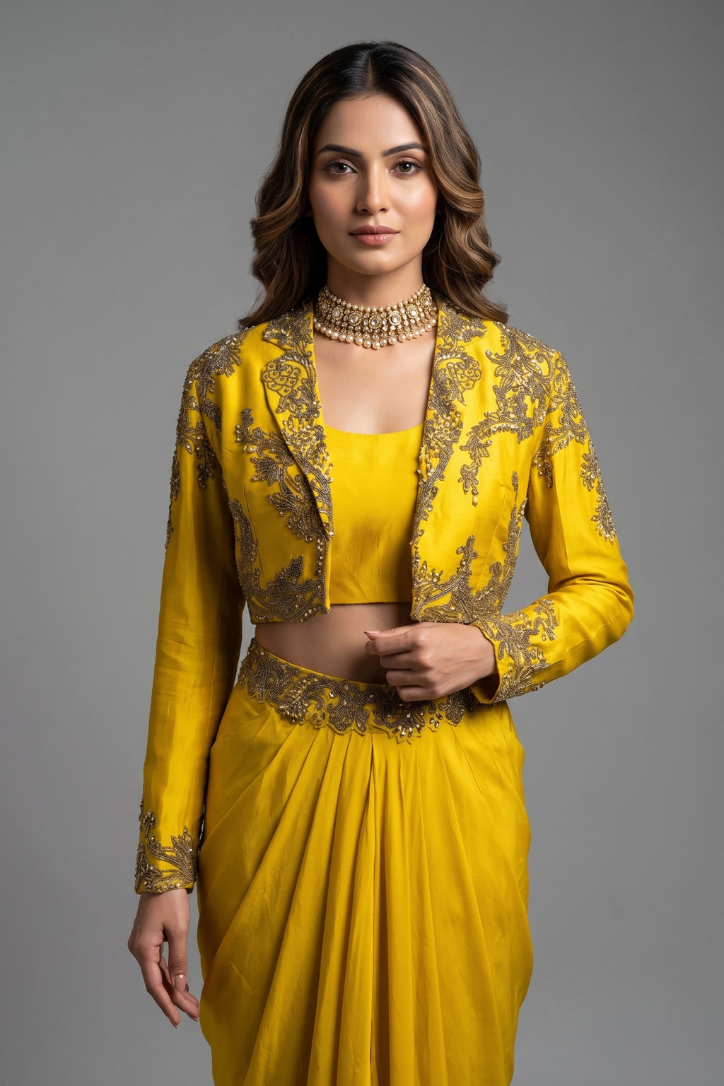 Yellow Organza Beaded Crop Top Skirt Set with Full Sleeved Short Jacket - yellow organza saree