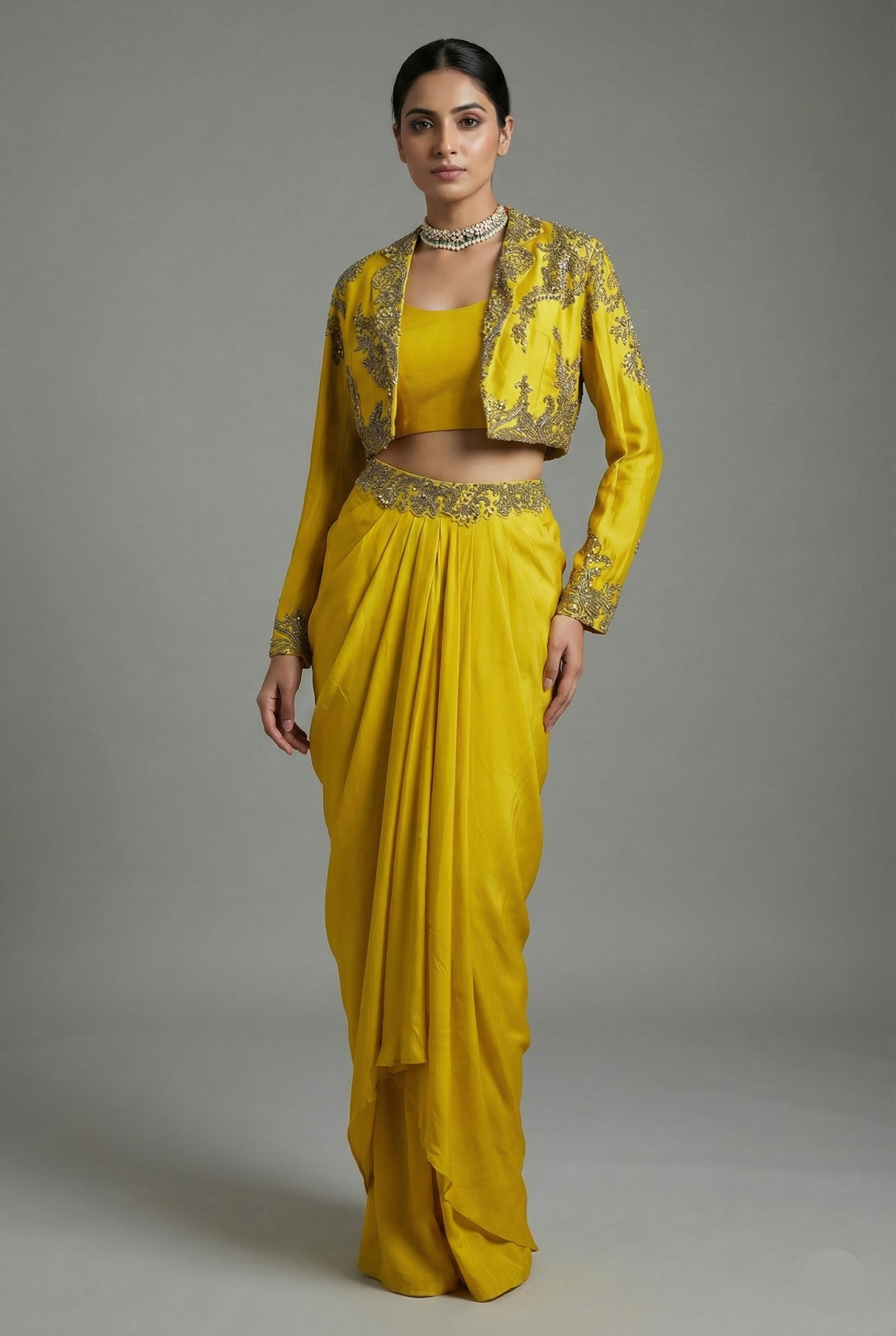 Yellow Organza Beaded Crop Top Skirt Set with Full Sleeved Short Jacket - yellow organza saree Main image