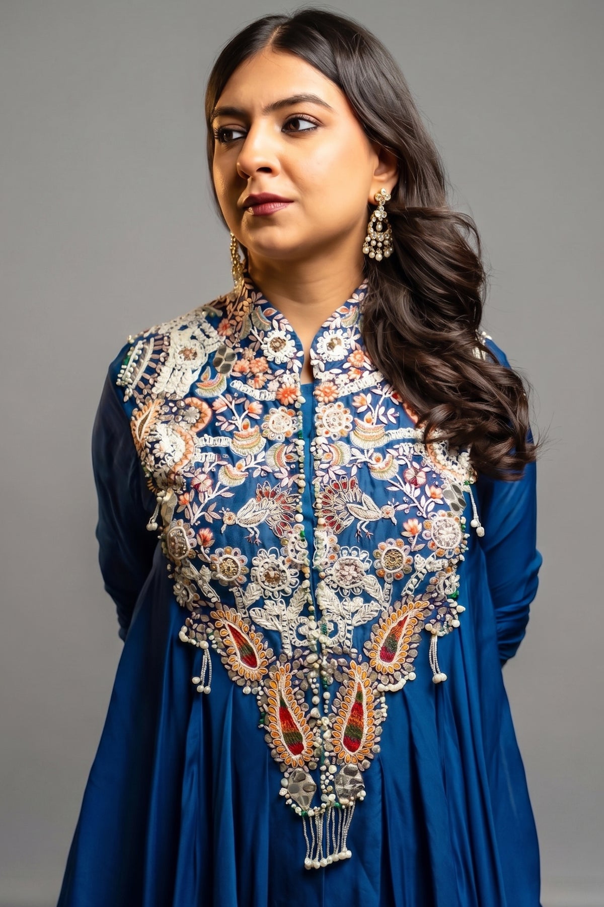 Blue Organza Handworked Bodice Asymmetrical Skirt Set - blue organza saree