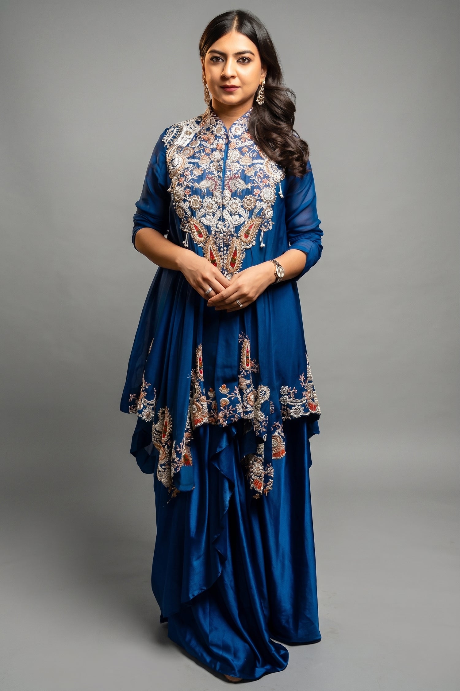 Blue Organza Handworked Bodice Asymmetrical Skirt Set - blue organza saree
