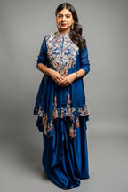 Blue Organza Handworked Bodice Asymmetrical Skirt Set - blue organza saree