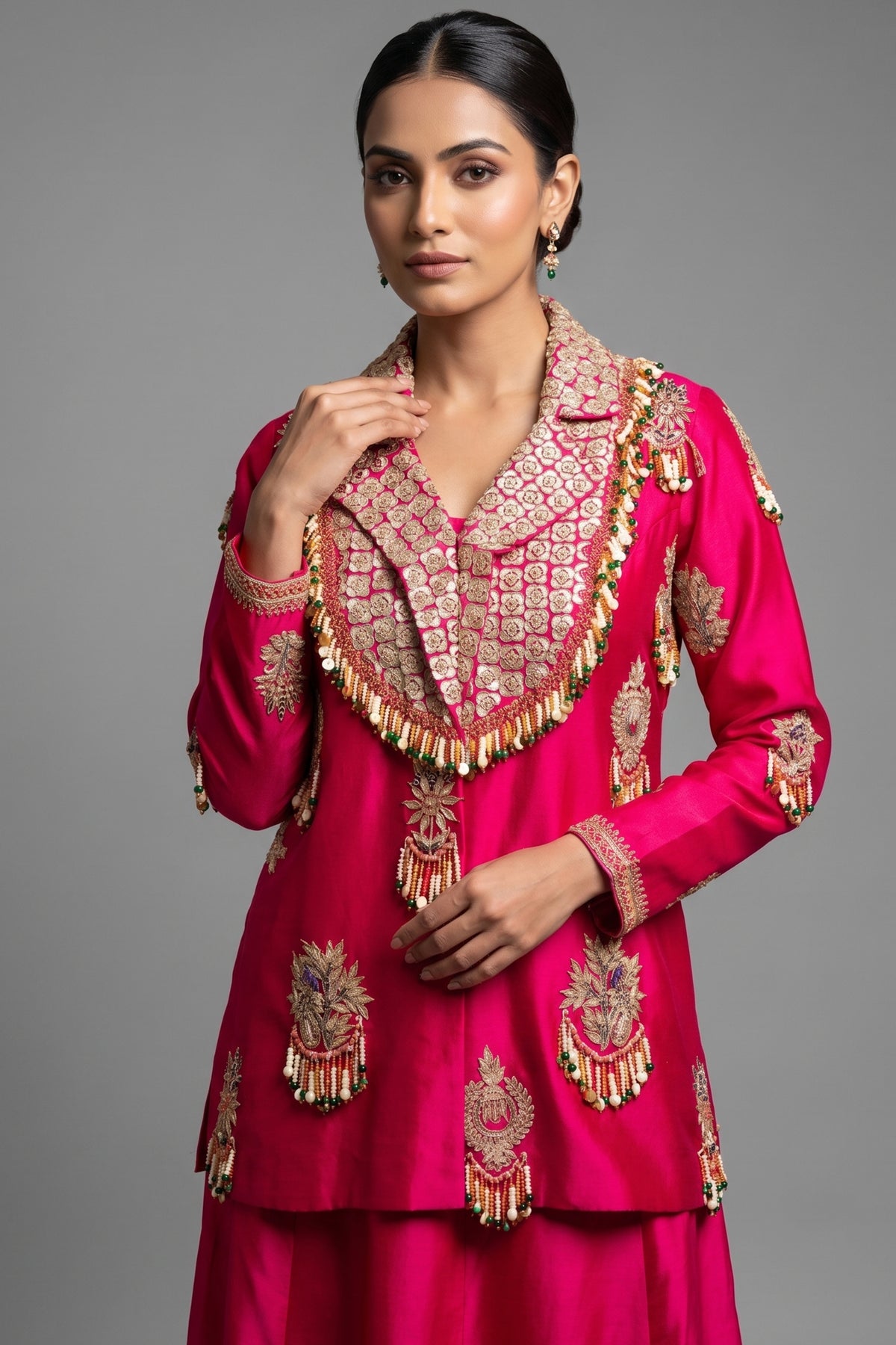 Rani Pink Satin Silk Gota Worked and Sequin Beaded Worked Indo Western Set - pink silk saree