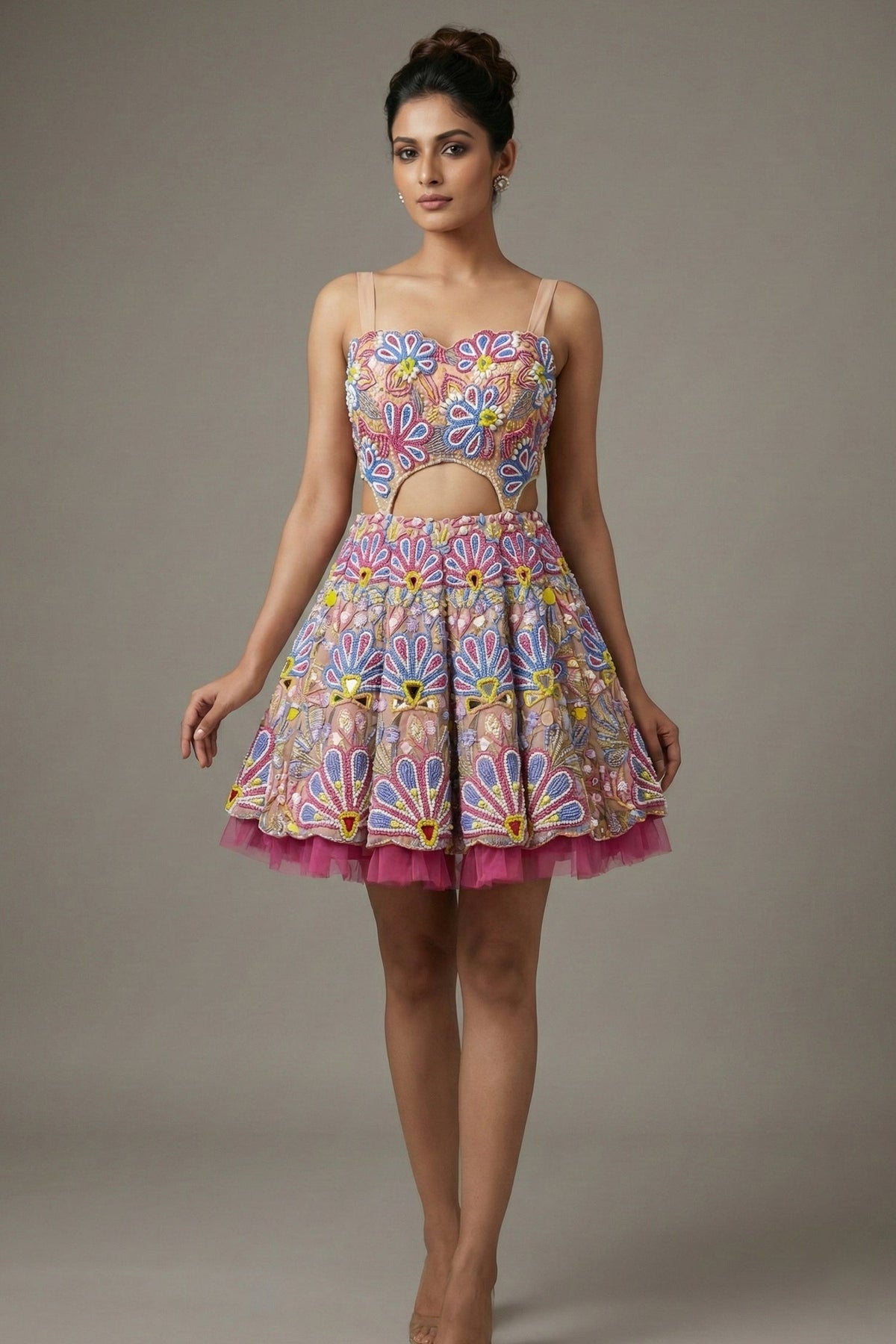 Pastel Pink Net All Over Beaded Cutwork Mini Dress