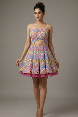 Pastel Pink Net All Over Beaded Cutwork Mini Dress