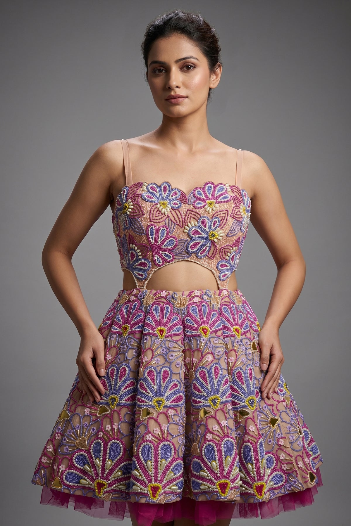 Pastel Pink Net All Over Beaded Cutwork Mini Dress - pink net saree