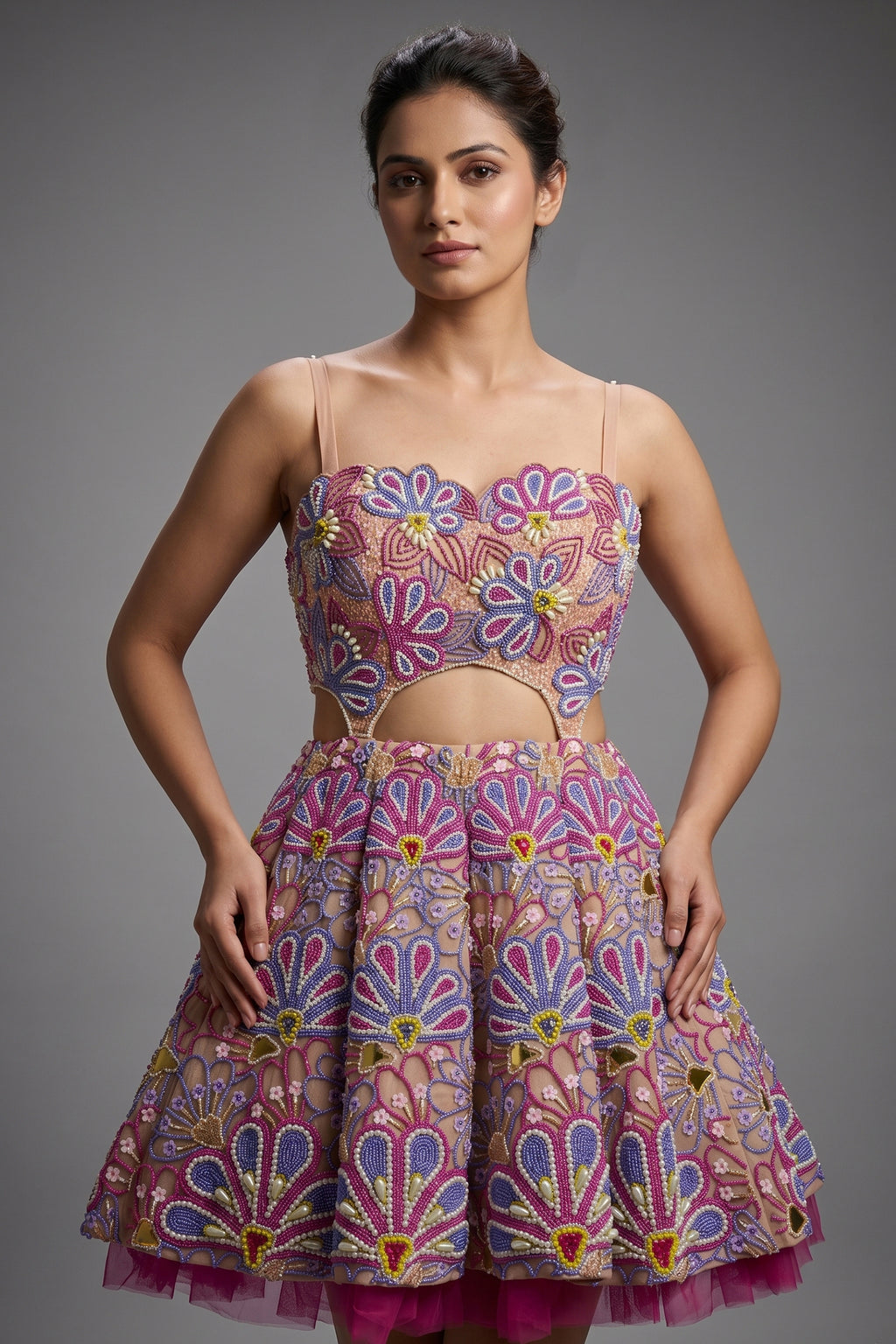 Pastel Pink Net All Over Beaded Cutwork Mini Dress - pink net saree