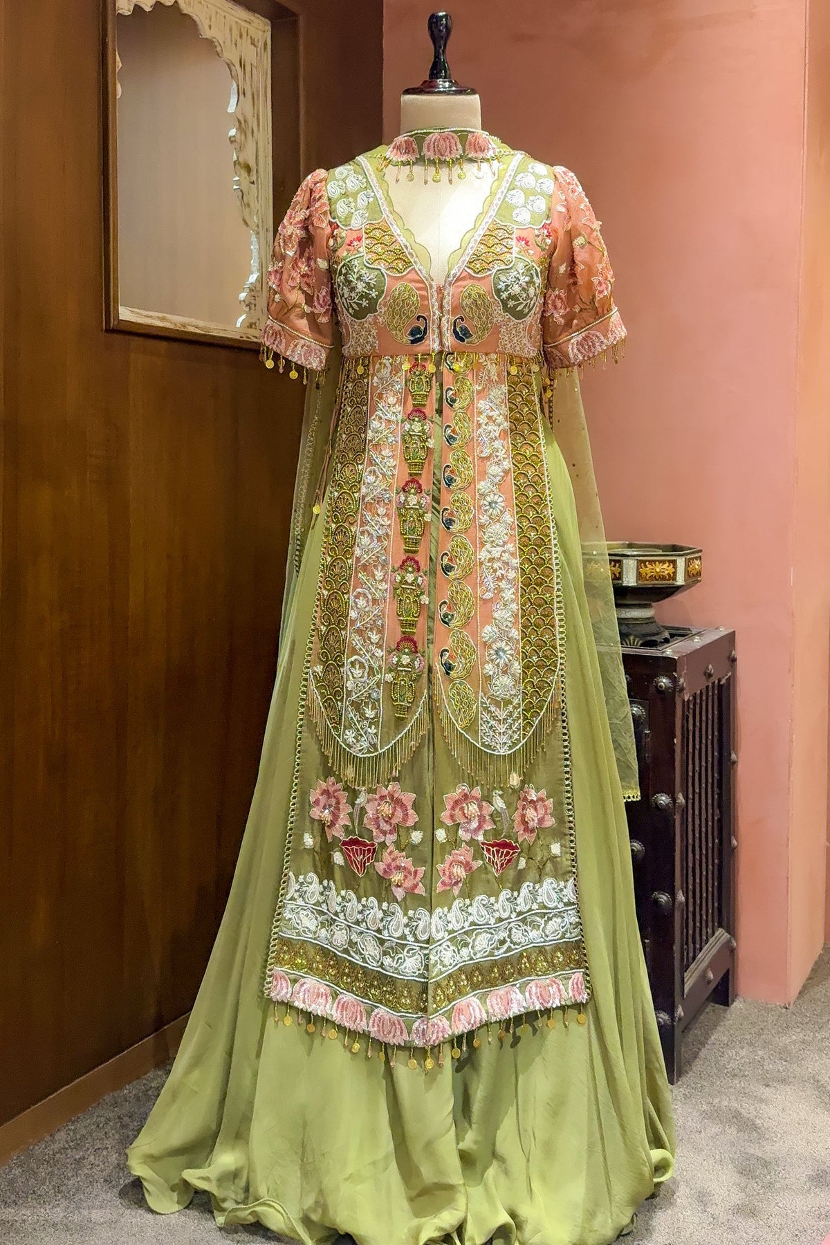 Green and Peach Organza Designer Handworked Slit Cut Suit - green organza saree