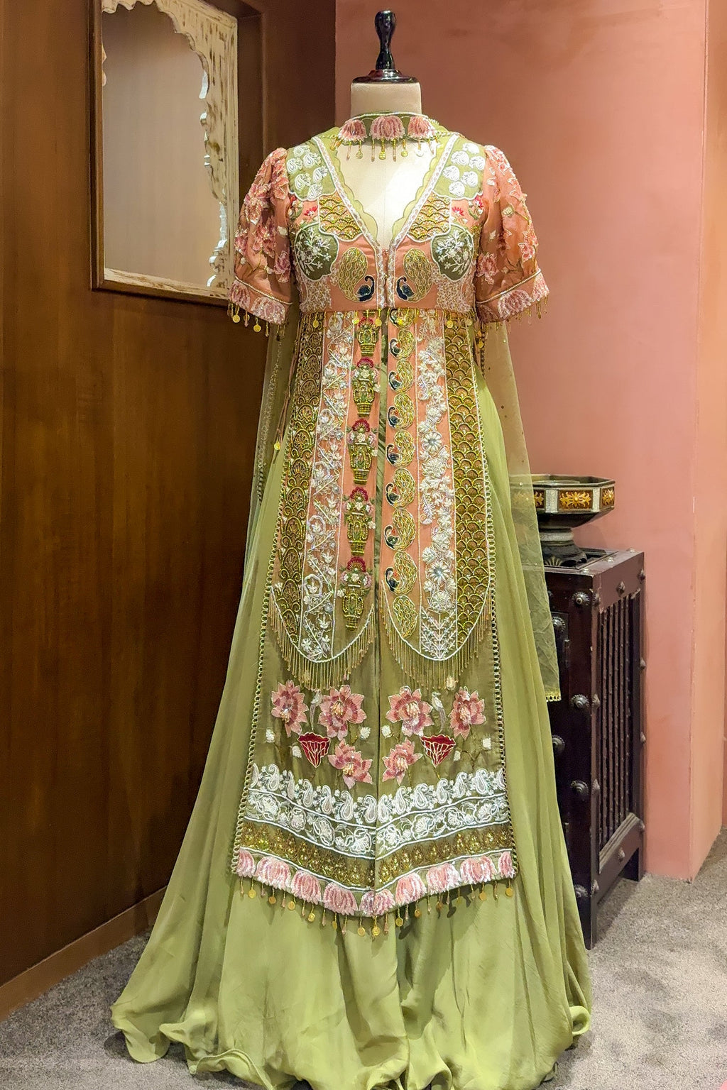 Green and Peach Organza Designer Handworked Slit Cut Suit - green organza saree