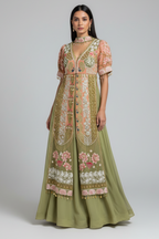 Green and Peach Organza Designer Handworked Slit Cut Suit - green organza saree
