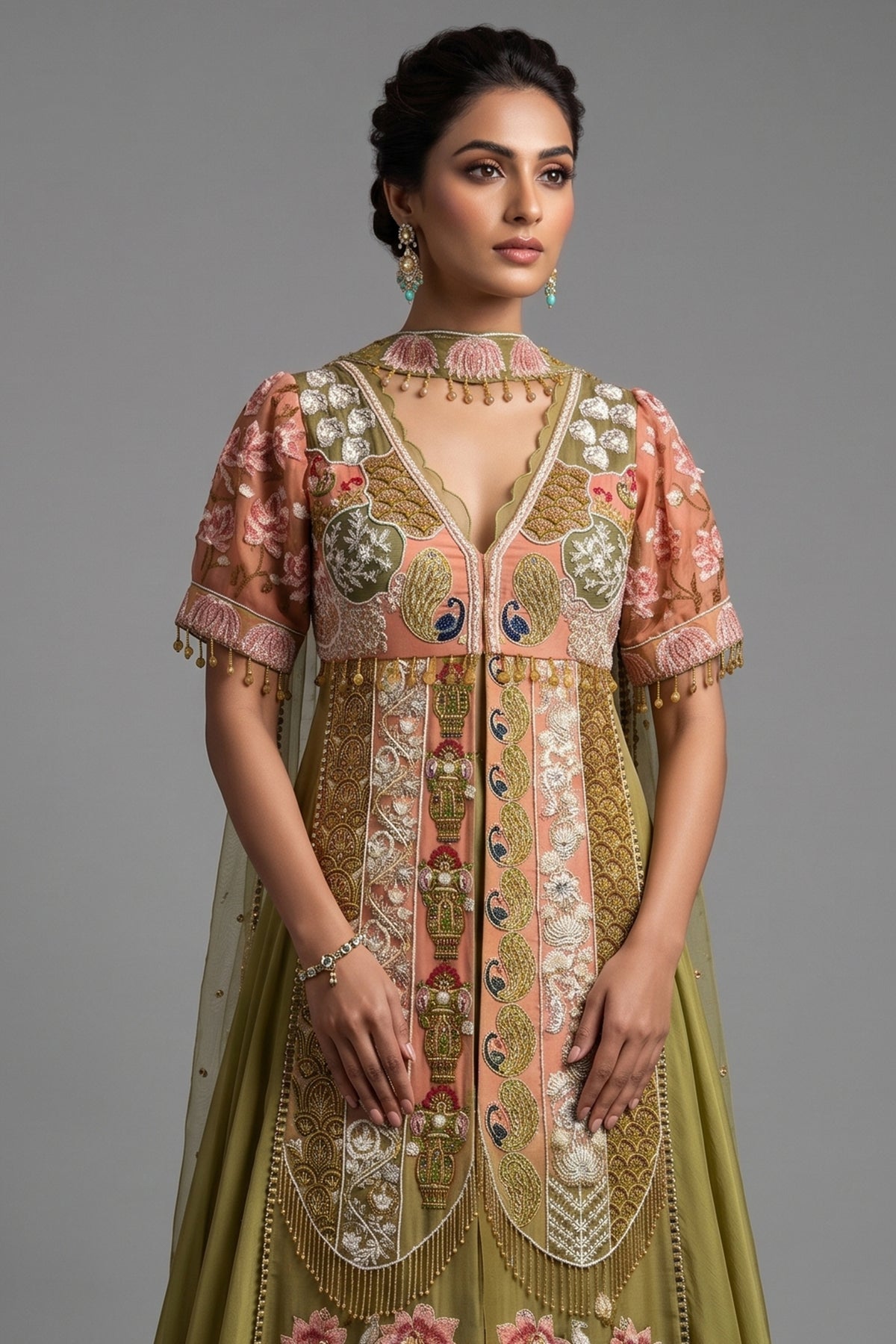 Green and Peach Organza Designer Handworked Slit Cut Suit - green organza saree