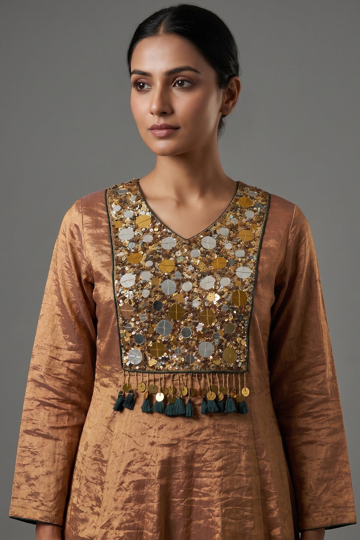 Golden Tissue Silk Anarkali Suit with Sequin and Applique Work - gold silk saree