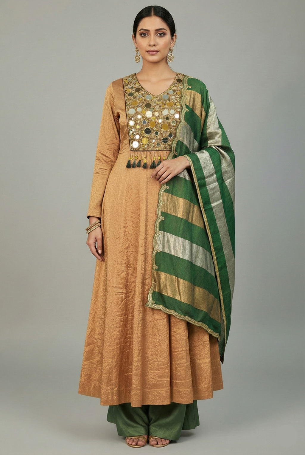 Golden Tissue Silk Anarkali Suit with Sequin and Applique Work - gold silk saree
