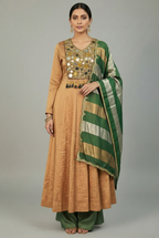 Golden Tissue Silk Anarkali Suit with Sequin and Applique Work - gold silk saree