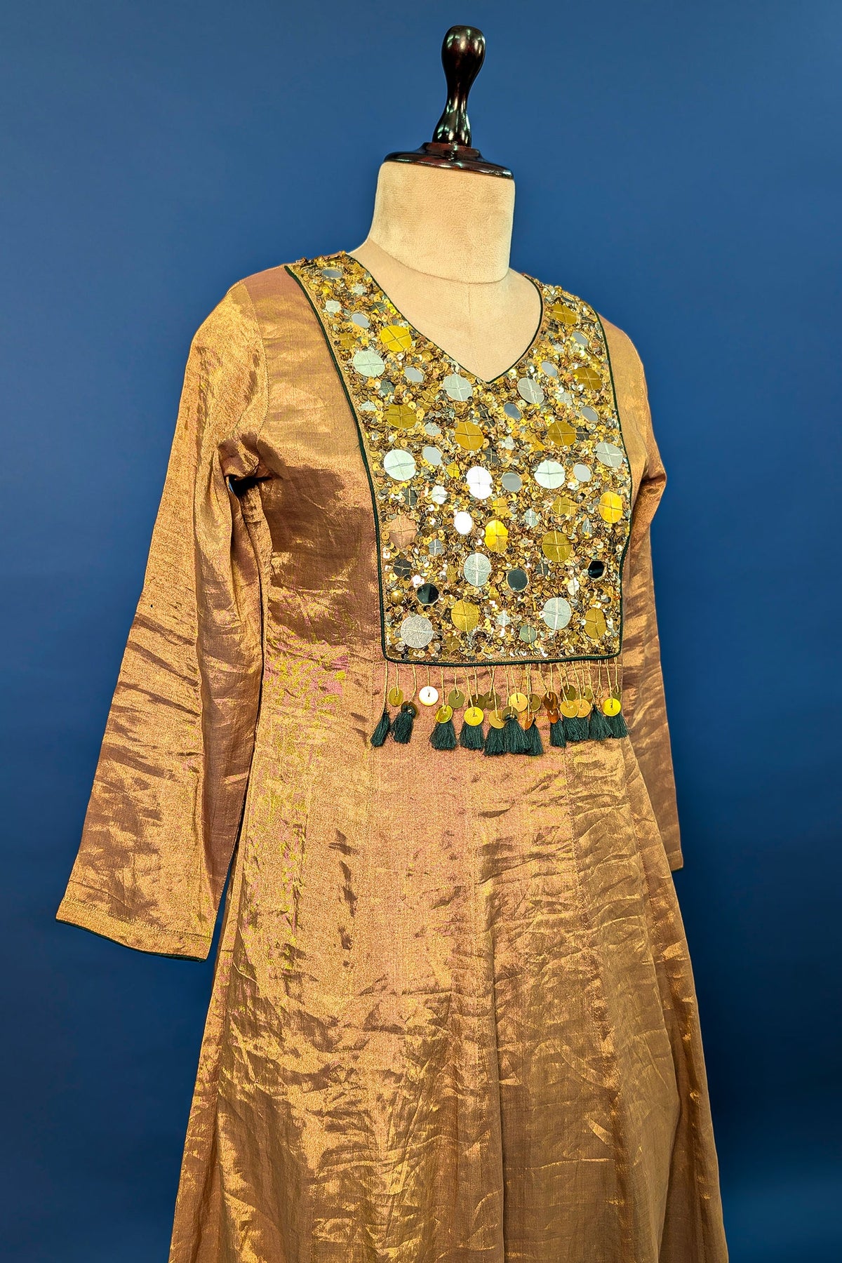 Golden Tissue Silk Anarkali Suit with Sequin and Applique Work - gold silk saree