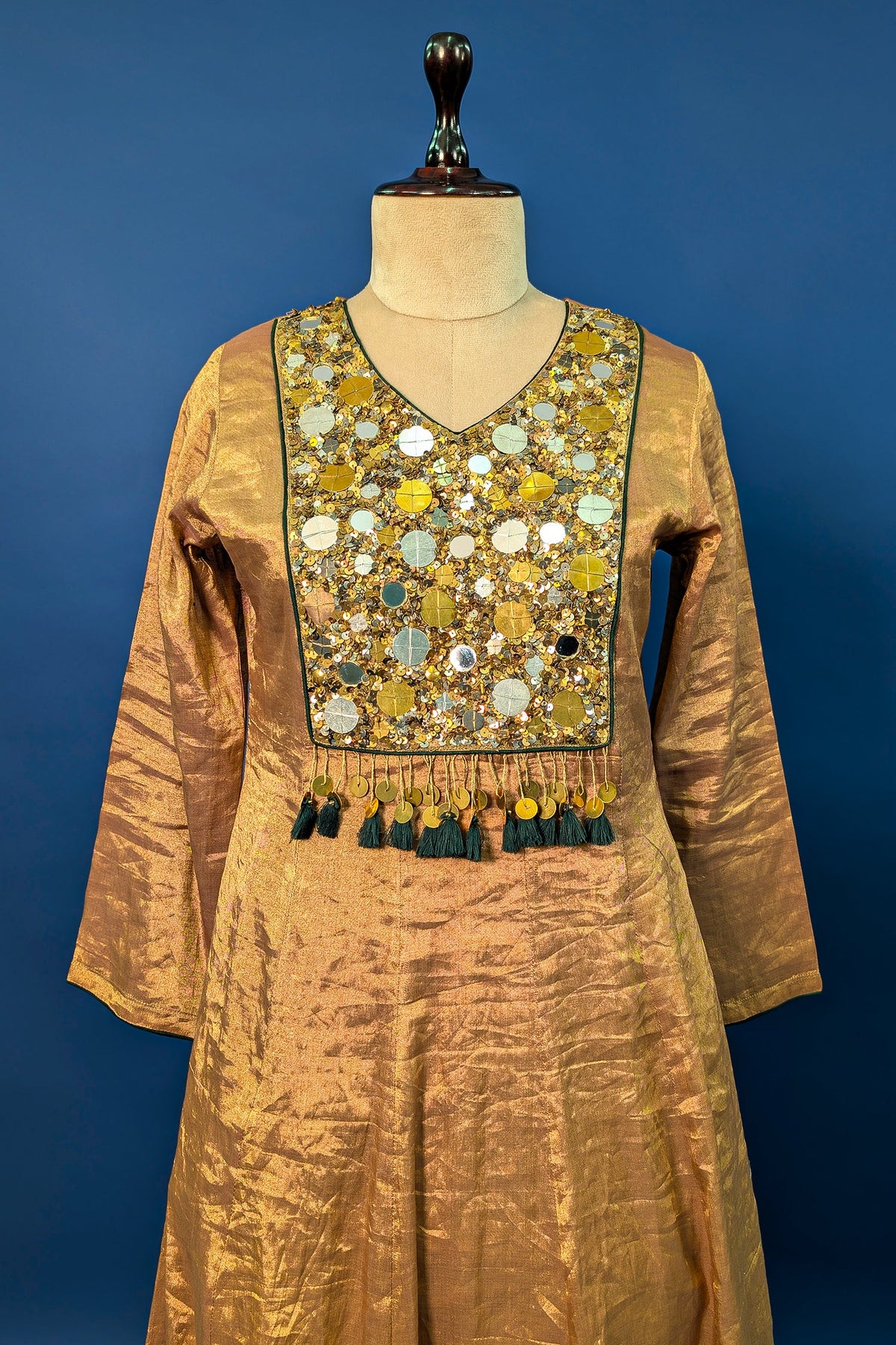 Golden Tissue Silk Anarkali Suit with Sequin and Applique Work - gold silk saree