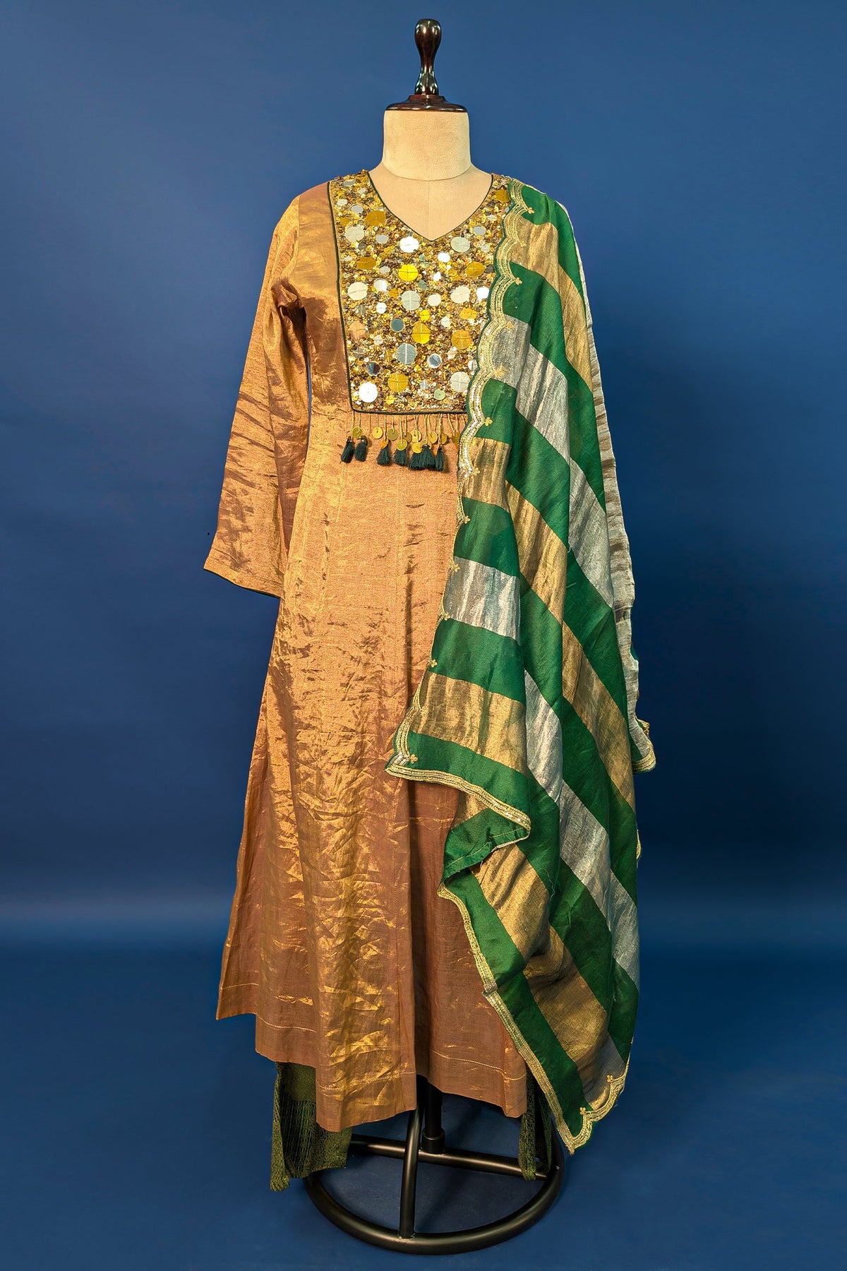 Golden Tissue Silk Anarkali Suit with Sequin and Applique Work - gold silk saree