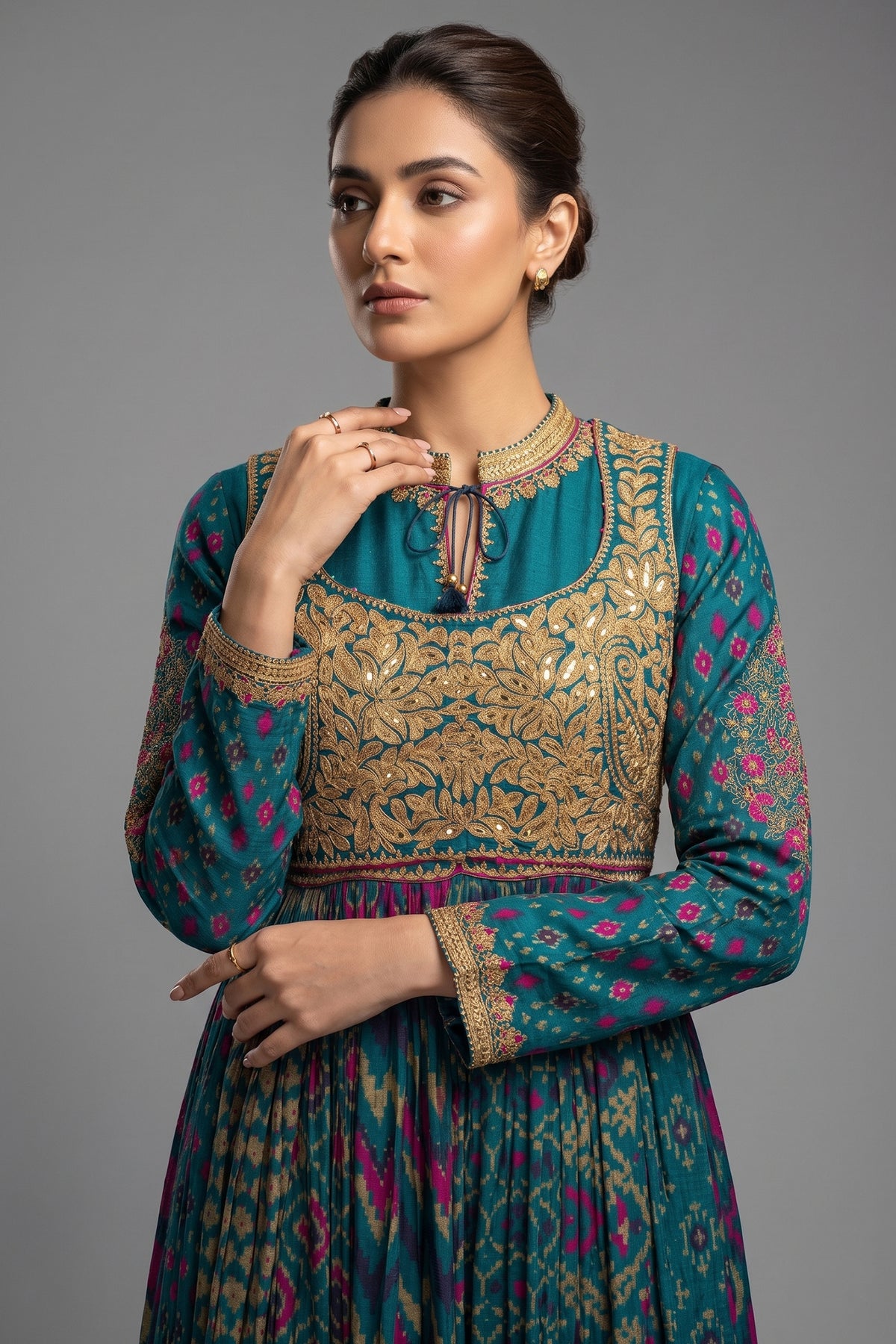 Rama Blue Silk Printed Anarkali Suit with Sequin Embroidery Work - blue silk saree embroidery