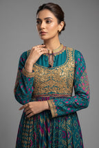 Rama Blue Silk Printed Anarkali Suit with Sequin Embroidery Work - blue silk saree embroidery