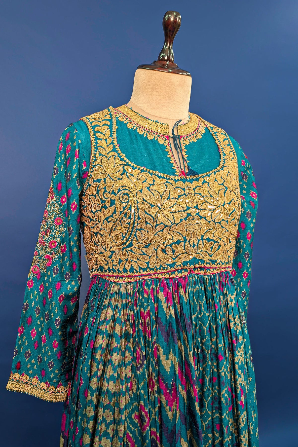 Rama Blue Silk Printed Anarkali Suit with Sequin Embroidery Work - blue silk saree embroidery