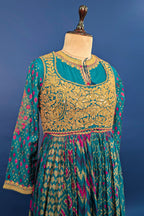 Rama Blue Silk Printed Anarkali Suit with Sequin Embroidery Work - blue silk saree embroidery