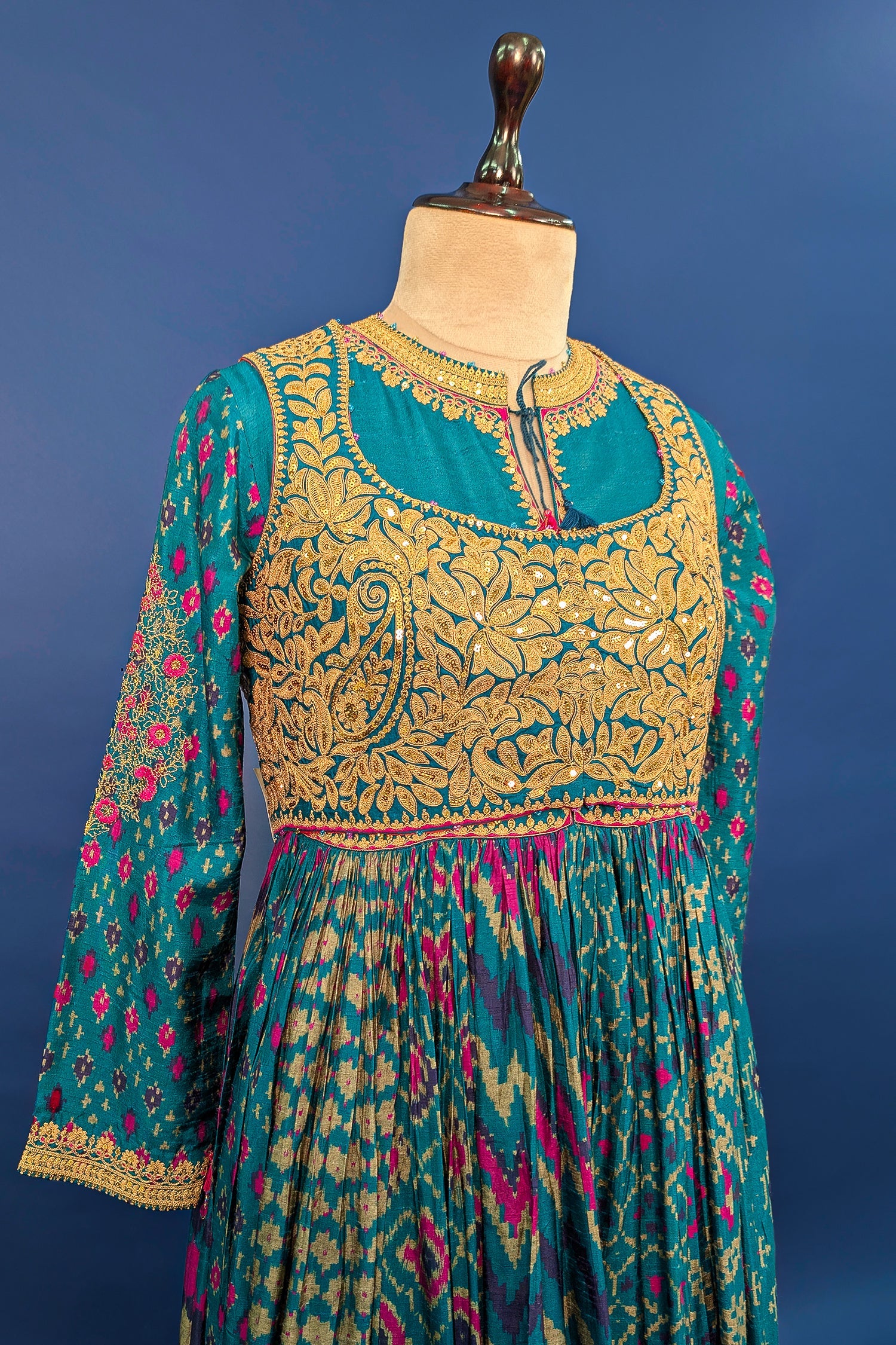 Rama Blue Silk Printed Anarkali Suit with Sequin Embroidery Work - blue silk saree embroidery