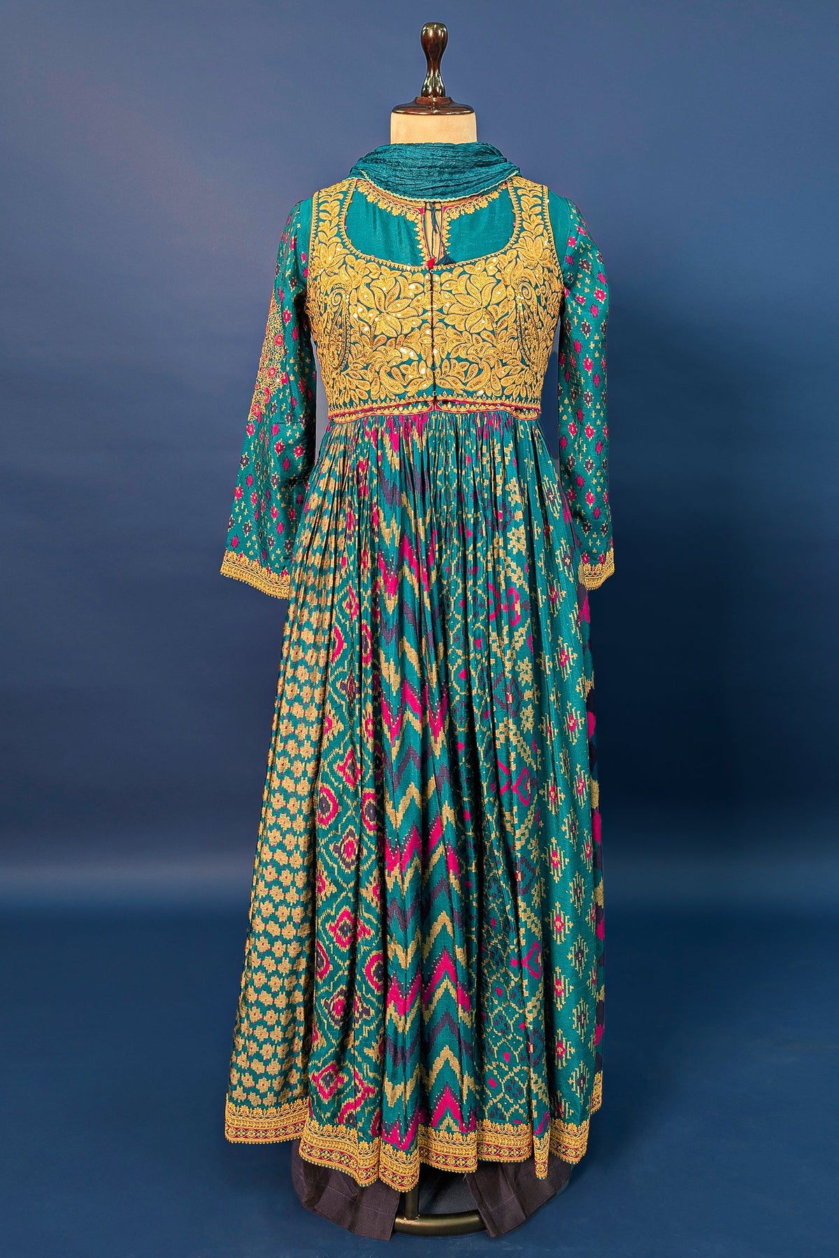 Rama Blue Silk Printed Anarkali Suit with Sequin Embroidery Work - blue silk saree embroidery