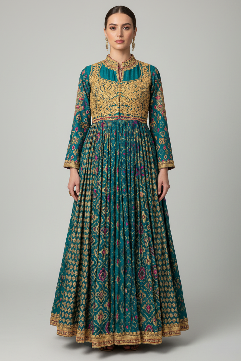 Rama Blue Silk Printed Anarkali Suit with Sequin Embroidery Work - blue silk saree embroidery Main image