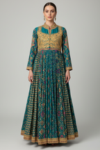 Rama Blue Silk Printed Anarkali Suit with Sequin Embroidery Work - blue silk saree embroidery