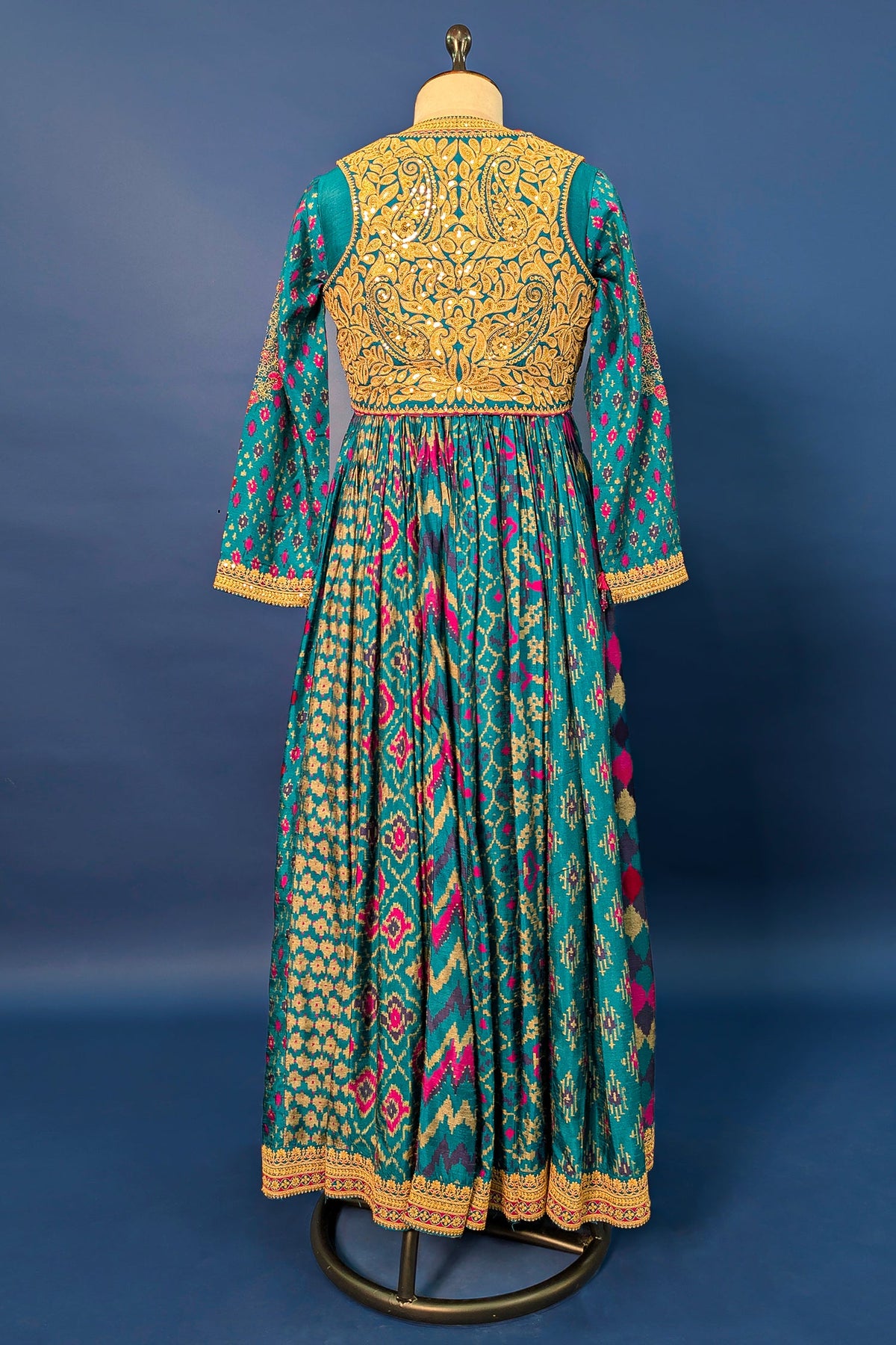 Rama Blue Silk Printed Anarkali Suit with Sequin Embroidery Work - blue silk saree embroidery